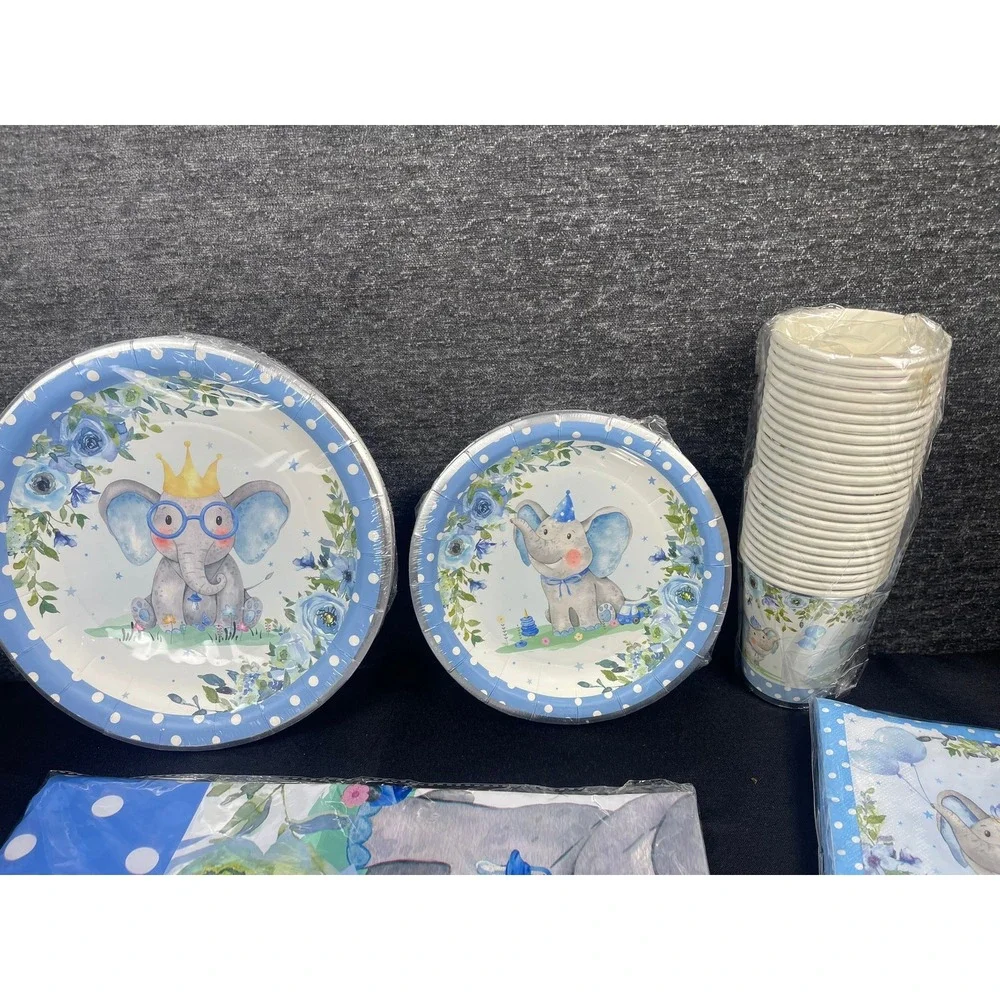 Elephant‎ Boy Baby Shower Party Supplies Set Service for 25 Blue Floral Birthday